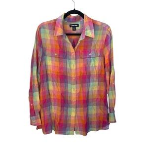LANDS’ END Linen Colorful Plaid Button-Up Blouse M
